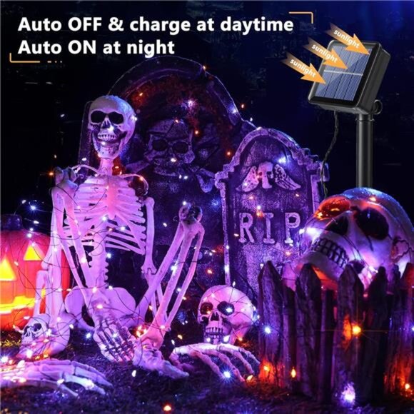 Orange & Purple Halloween Lights, 2 Pack Total 78FT 240 LED Solar Halloween - Picture 6 of 7